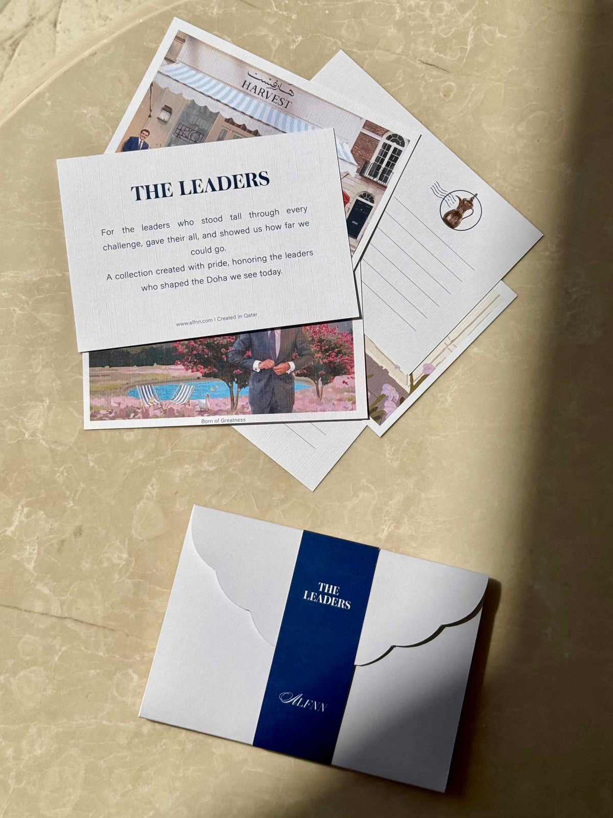 A set of five postcards and envelope honoring the leaders of Qatar, Sheikh Hamad, Sheikha Moza and Sheikh Tamim