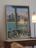 A large dreamy artwork depicting a scenic harbor with a woman on a balcony overlooking Doha's skyline and a traditional Qatari boat.