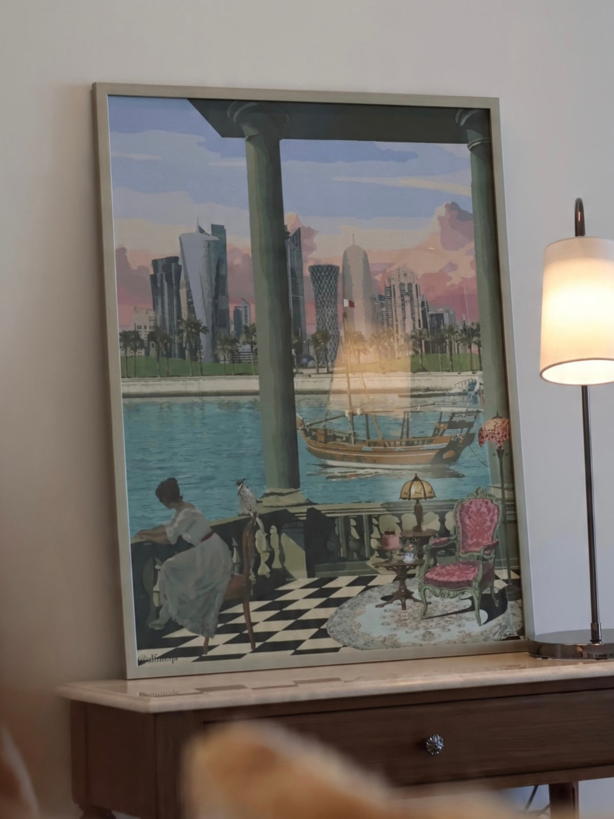 A large dreamy artwork depicting a scenic harbor with a woman on a balcony overlooking Doha's skyline and a traditional Qatari boat.