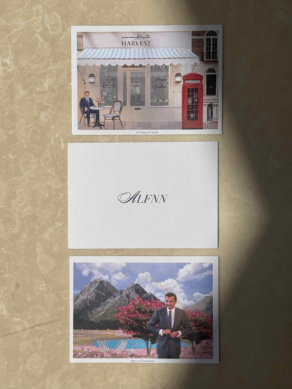 A Piece of Home postcard - Sheikh Tamim seated outside Harvest Cafe In London
Born of Greatness postcard - Sheikh Tamim in the great nature
