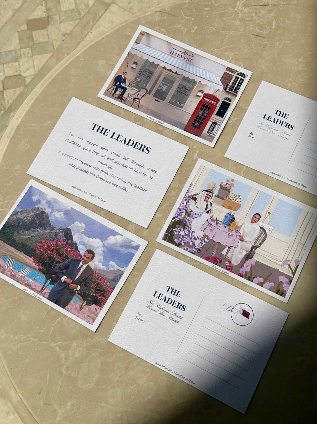 A set of 5 printed postcards. Honoring the Leaders who shaped the Doha we Know today